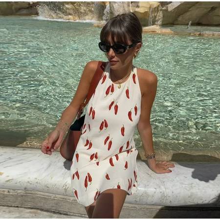 Vestido solera cuello halter pimiento - Blanco