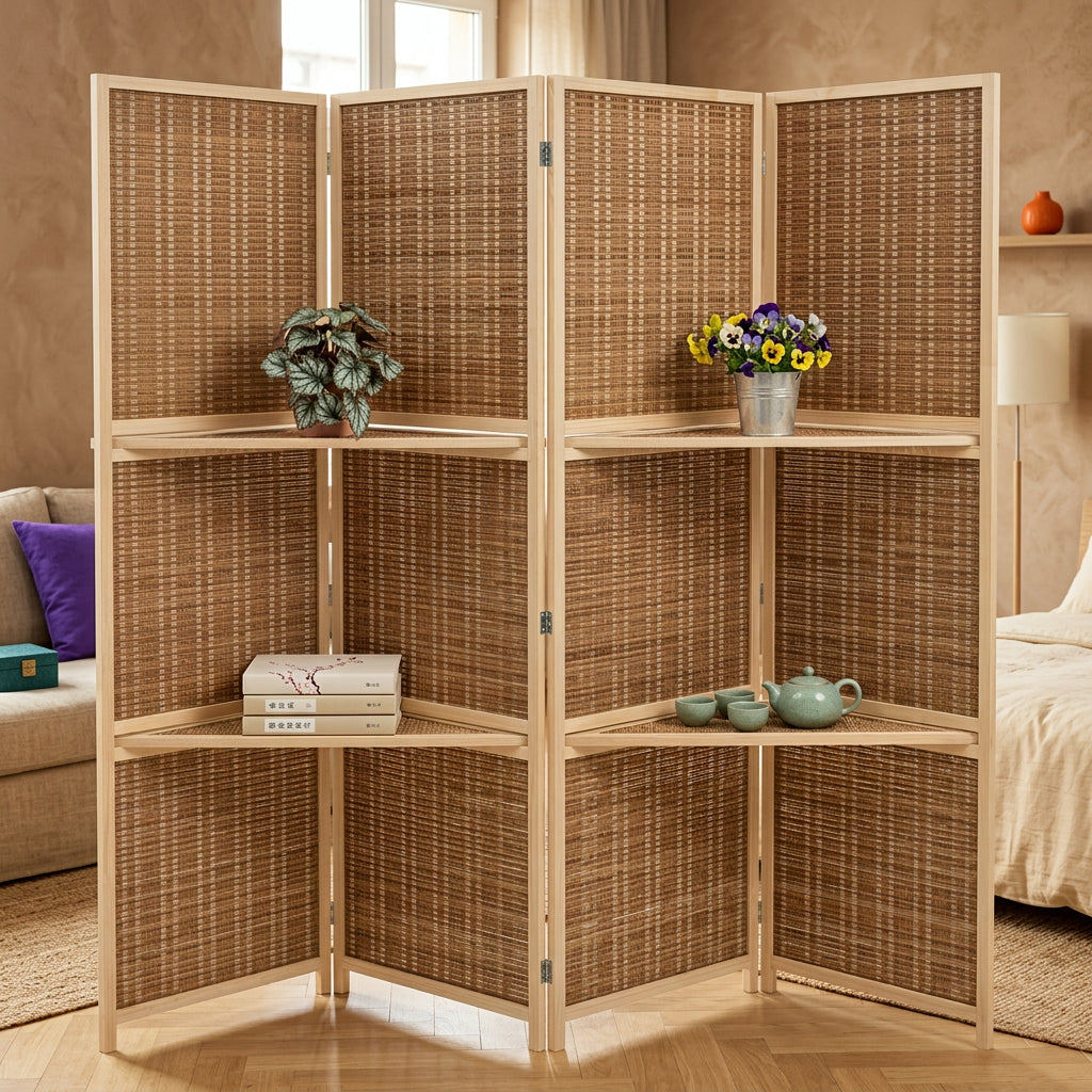 Biombo Divisor de Ambientes Moderno Chino de Madera Maciza con Tejido de Bambú, Plegable y Móvil. Ideal para Living, Dormitorio, Restaurante u Oficina.