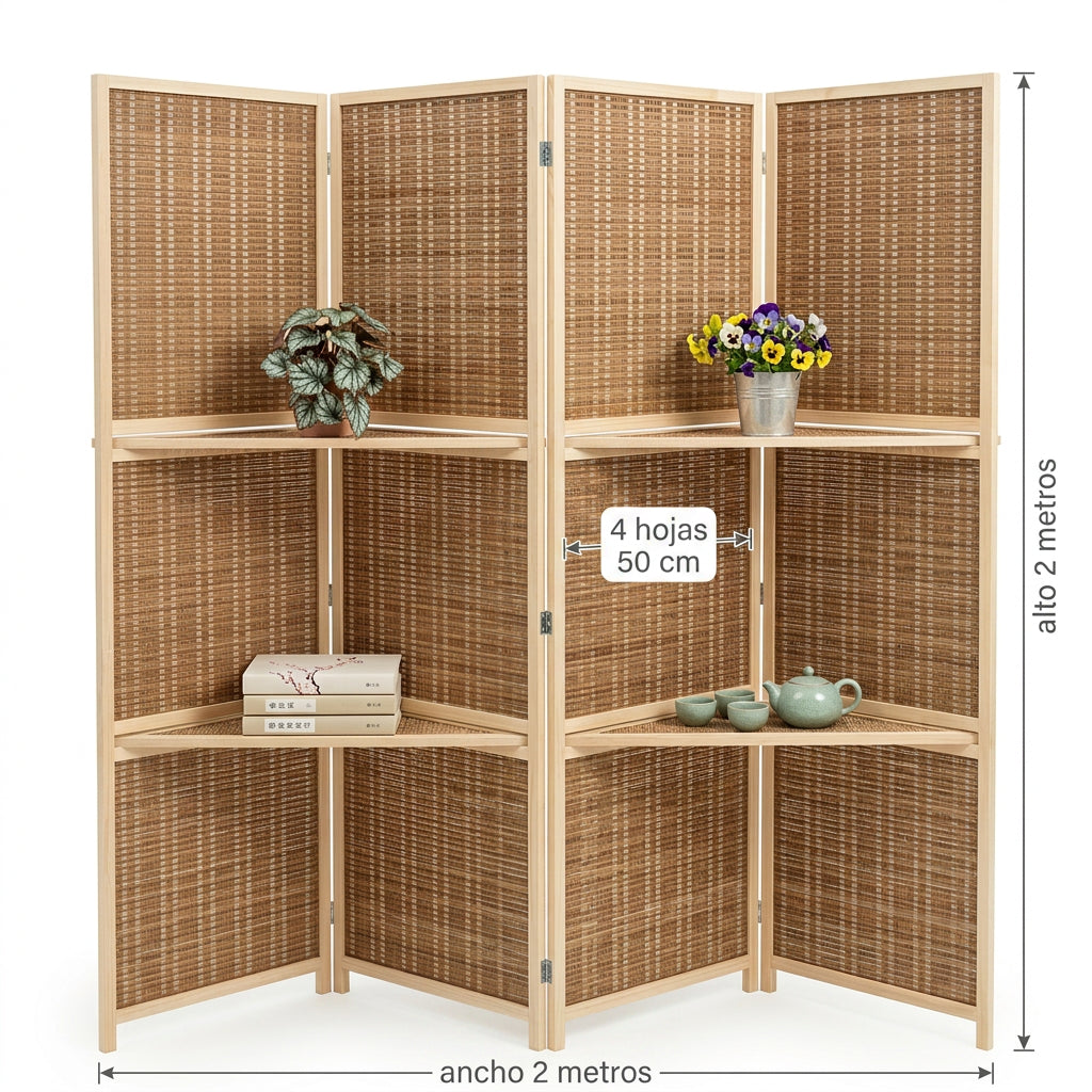 Biombo Divisor de Ambientes Moderno Chino de Madera Maciza con Tejido de Bambú, Plegable y Móvil. Ideal para Living, Dormitorio, Restaurante u Oficina.