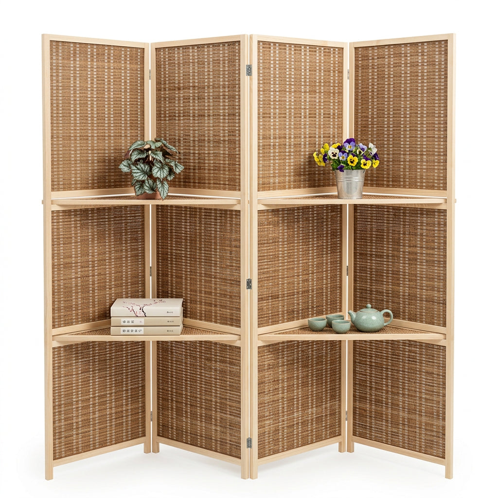 Biombo Divisor de Ambientes Moderno Chino de Madera Maciza con Tejido de Bambú, Plegable y Móvil. Ideal para Living, Dormitorio, Restaurante u Oficina.