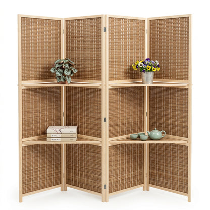 Biombo Divisor de Ambientes Moderno Chino de Madera Maciza con Tejido de Bambú, Plegable y Móvil. Ideal para Living, Dormitorio, Restaurante u Oficina.