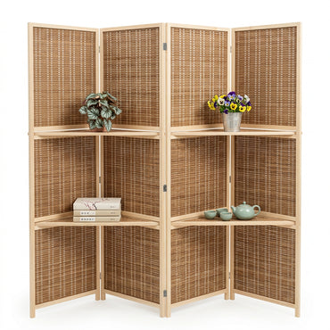 Biombo Divisor de Ambientes Moderno Chino de Madera Maciza con Tejido de Bambú, Plegable y Móvil. Ideal para Living, Dormitorio, Restaurante u Oficina.