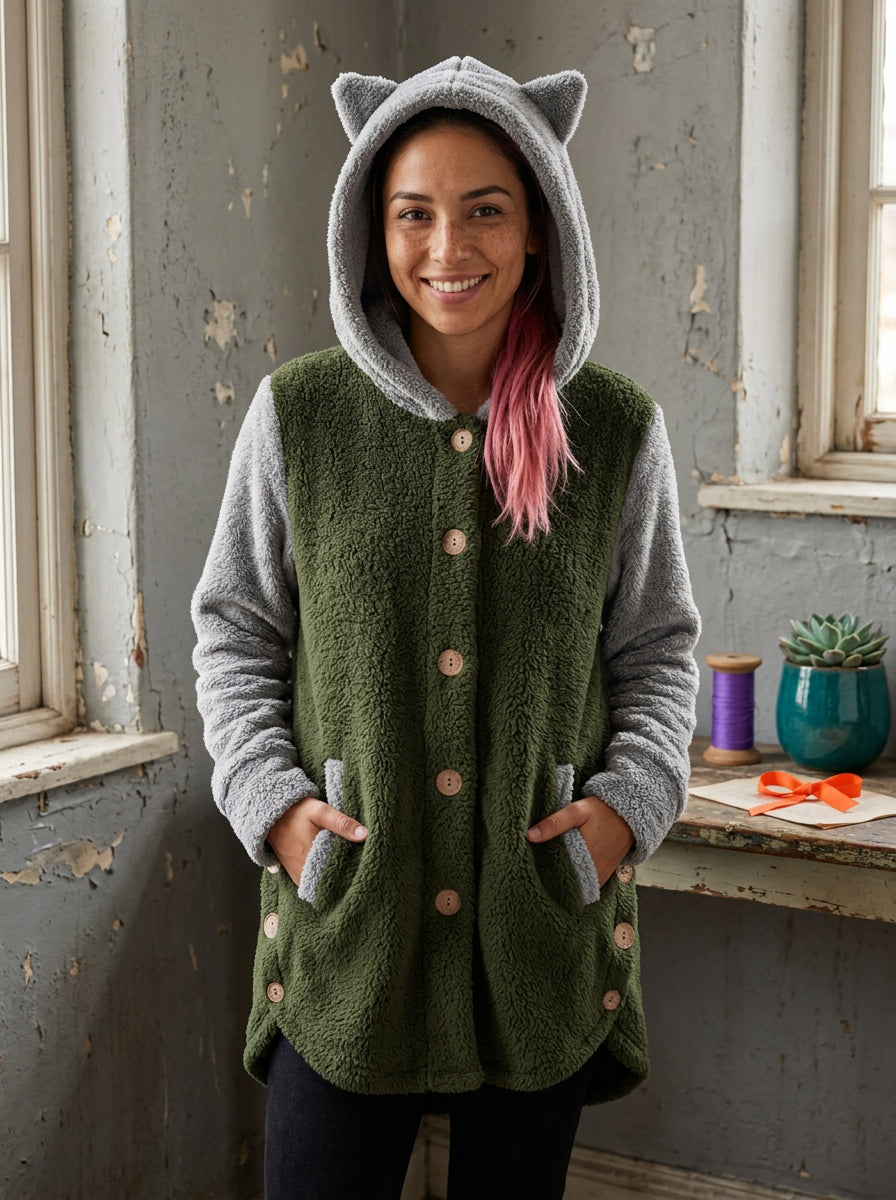 Campera Liviana Mujer Buzo Gato Capucha Polar