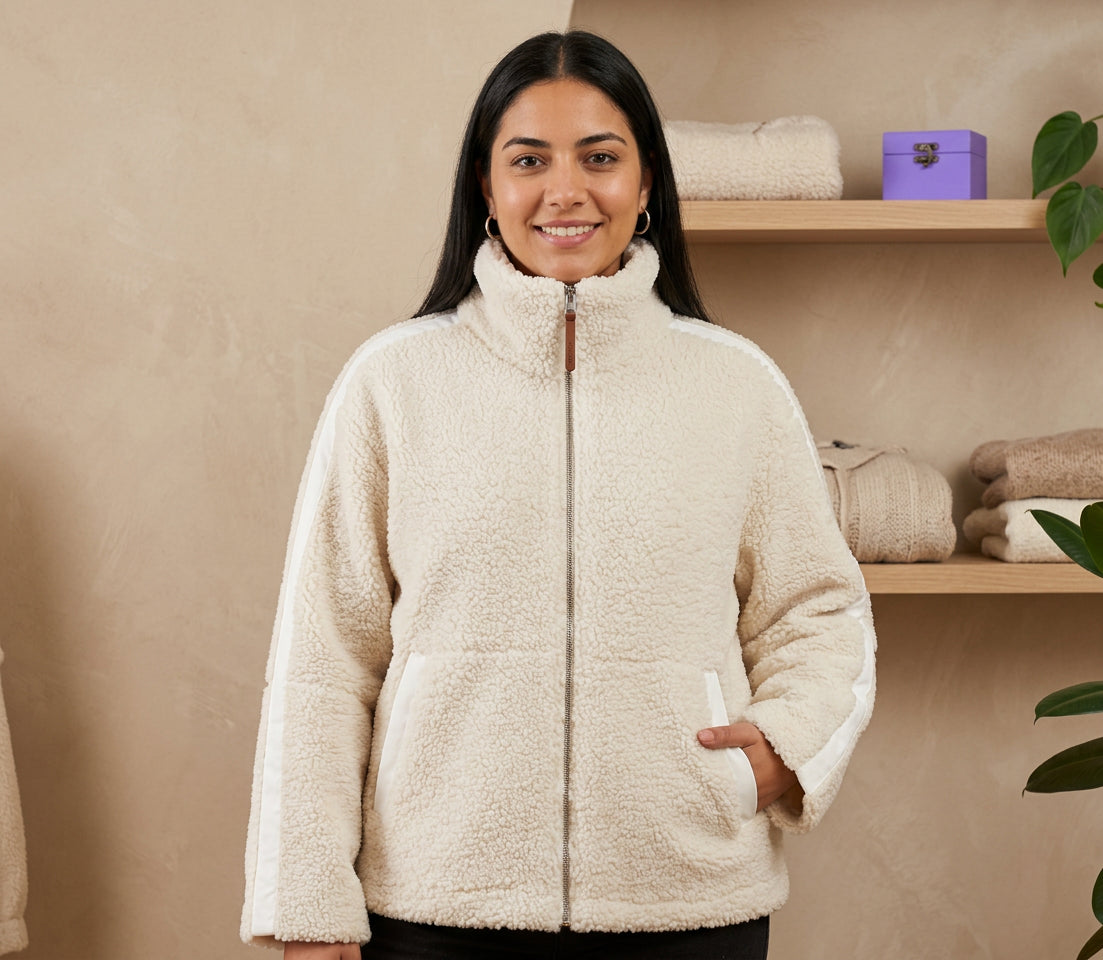 Campera dama polar plush over size detalle cuero