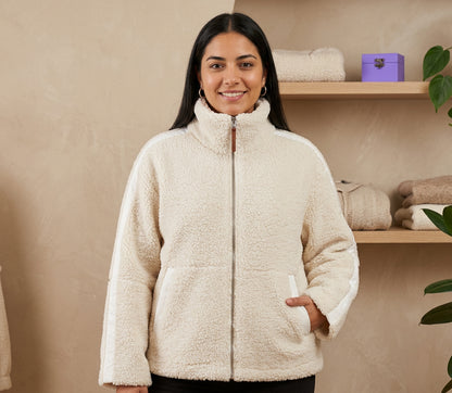 Campera dama polar plush over size detalle cuero