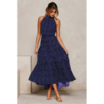 Maxivestido Dama Con Volado Y Cuello Halter Lunares
