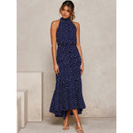 Maxivestido Dama Con Volado Y Cuello Halter Lunares