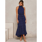 Maxivestido Dama Con Volado Y Cuello Halter Lunares