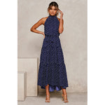 Maxivestido Dama Con Volado Y Cuello Halter Lunares