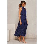 Maxivestido Dama Con Volado Y Cuello Halter Lunares