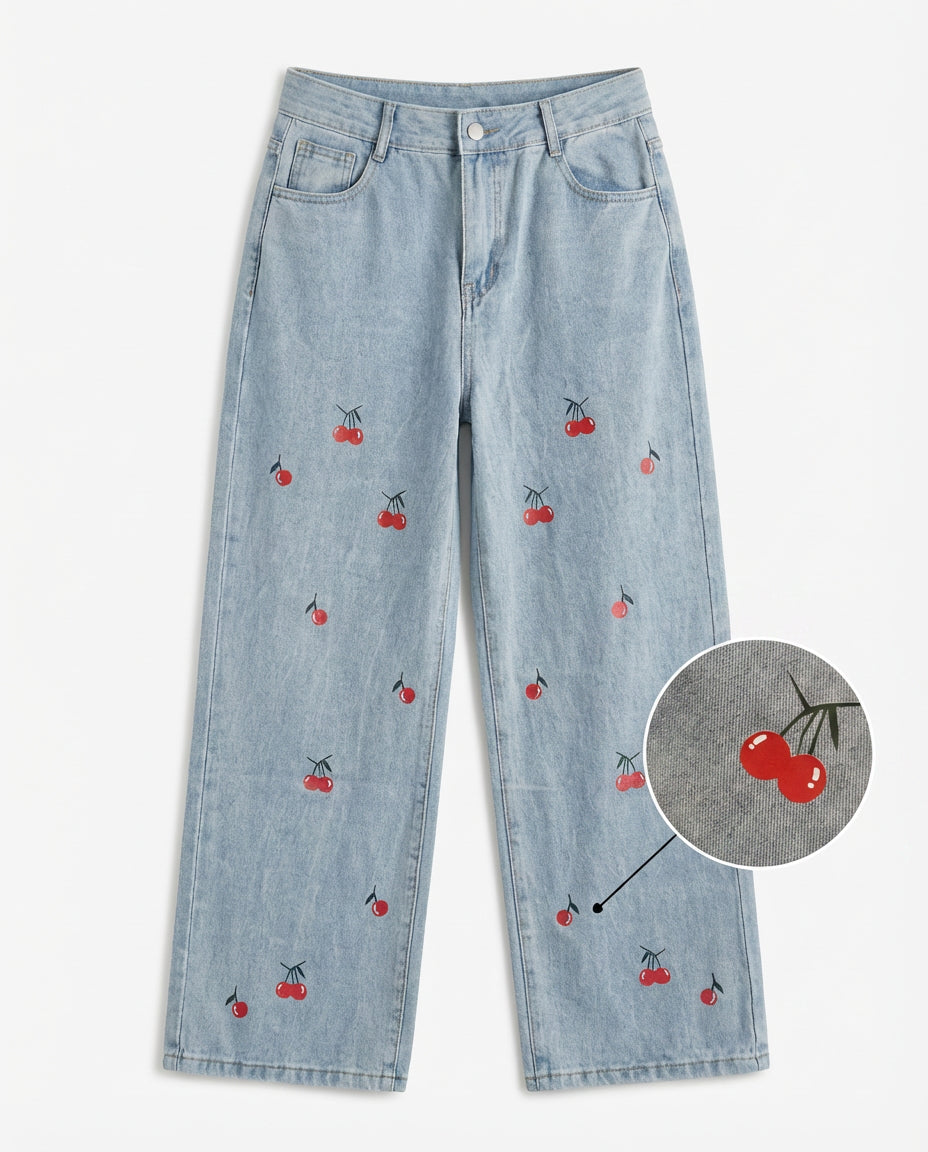 Jeans Anchos Estampado Cerezas | Pantalón Vintage