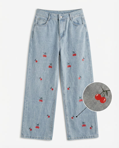 Jeans Anchos Estampado Cerezas | Pantalón Vintage