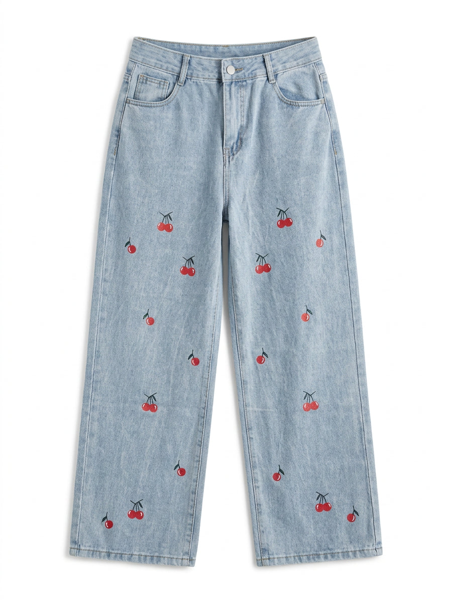 Jeans Anchos Estampado Cerezas | Pantalón Vintage