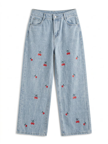 Jeans Anchos Estampado Cerezas | Pantalón Vintage