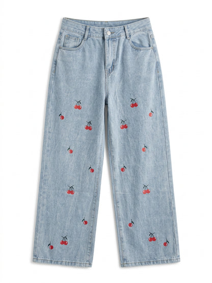 Jeans Anchos Estampado Cerezas | Pantalón Vintage