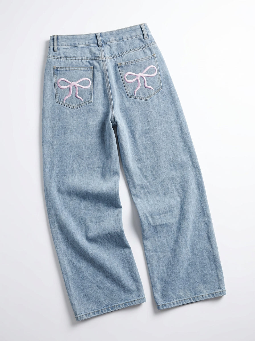 Jeans Anchos Estampado Cerezas | Pantalón Vintage