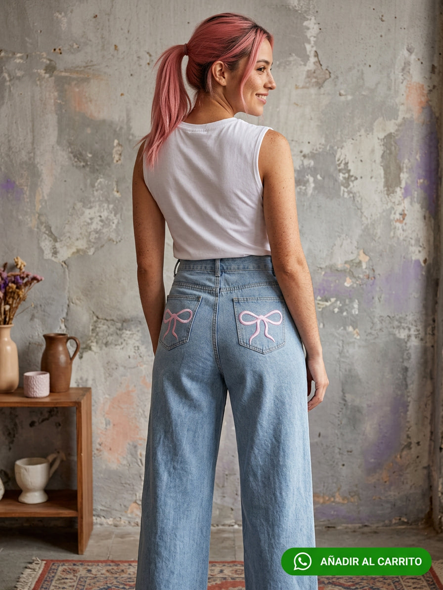 Jeans Anchos Estampado Cerezas | Pantalón Vintage