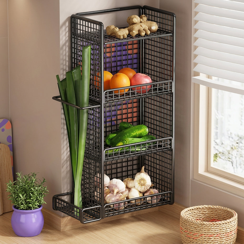 Kitchen Organizer Wall Mounted Produce Rack, No Drilling Onion Garlic Storage Basket, Multifunctional Fruit Vegetable Holder