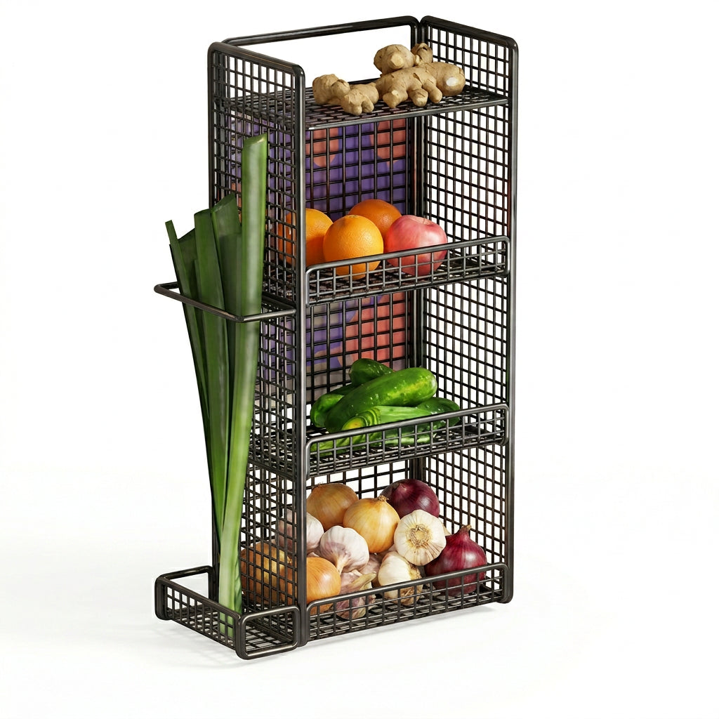 Kitchen Organizer Wall Mounted Produce Rack, No Drilling Onion Garlic Storage Basket, Multifunctional Fruit Vegetable Holder