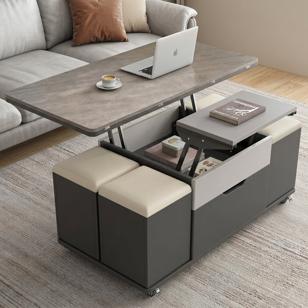 Mesa De Centro Elevable Extensible Con 4 Taburetes Y Almacenamiento