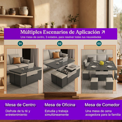 Mesa De Centro Elevable Extensible Con 4 Taburetes Y Almacenamiento