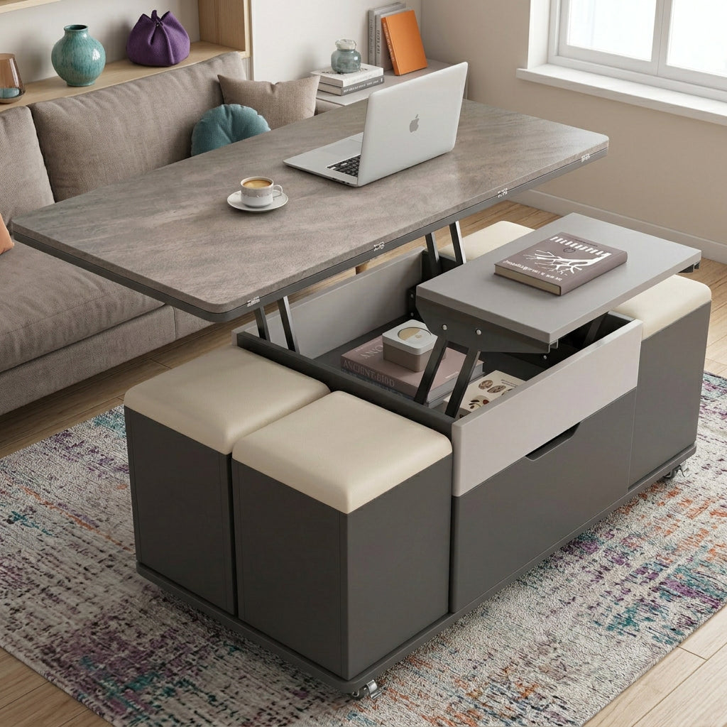 Mesa De Centro Elevable Extensible Con 4 Taburetes Y Almacenamiento