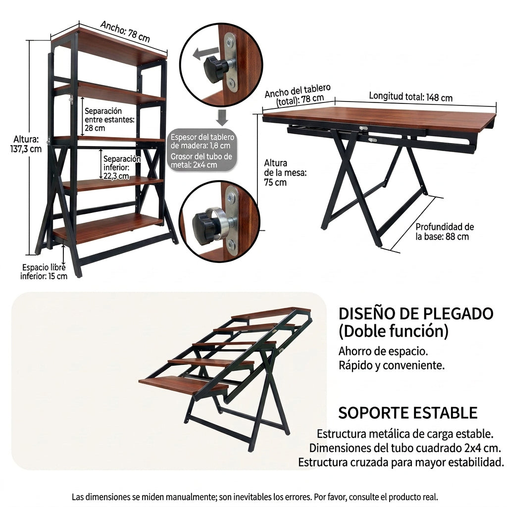 Mesa y Estantanteria Plegable madera Metal Multifunción