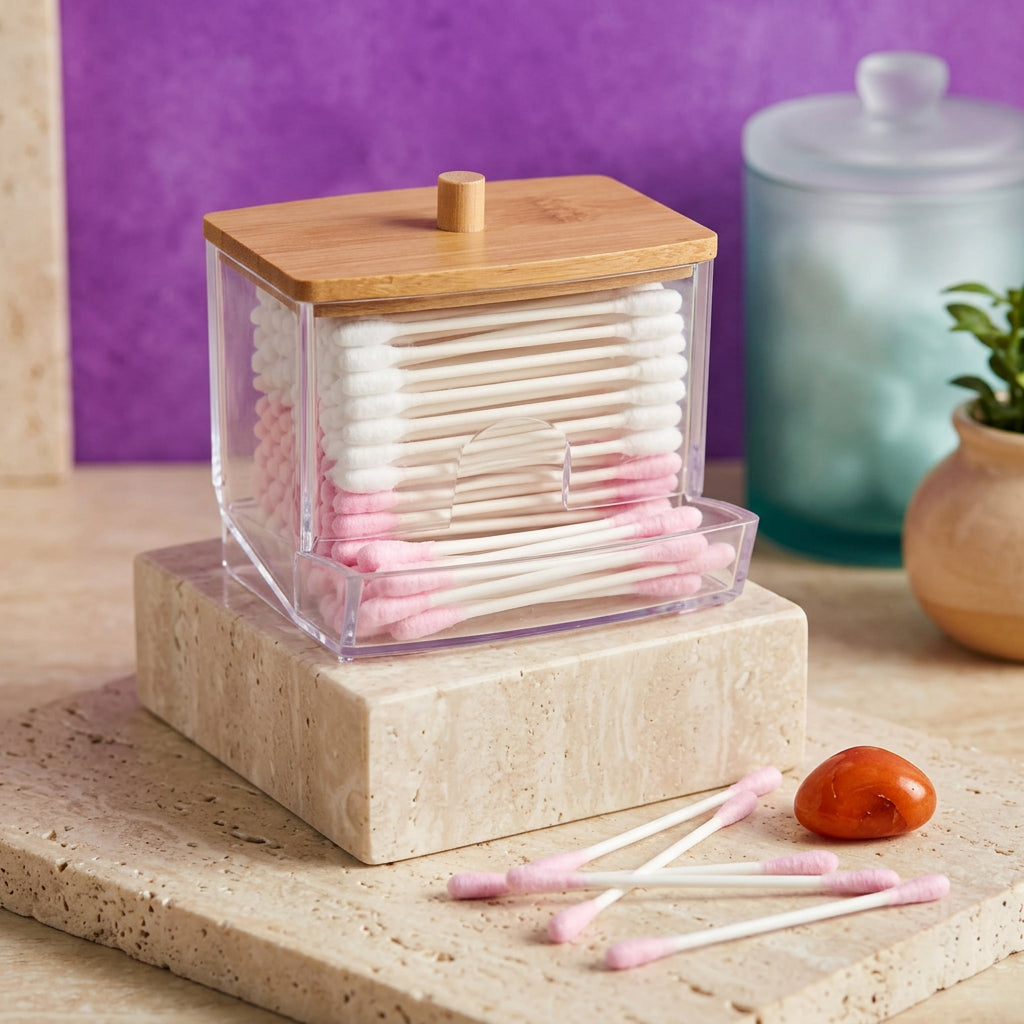 Organizador De Hisopos Con Tapa De Bambú Frasco De Baño Transparente Dispenser Swab