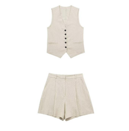 Conjunto dama lino chaleco corto y short - Blanco