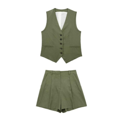 Conjunto dama lino chaleco corto y short - Verde Mar