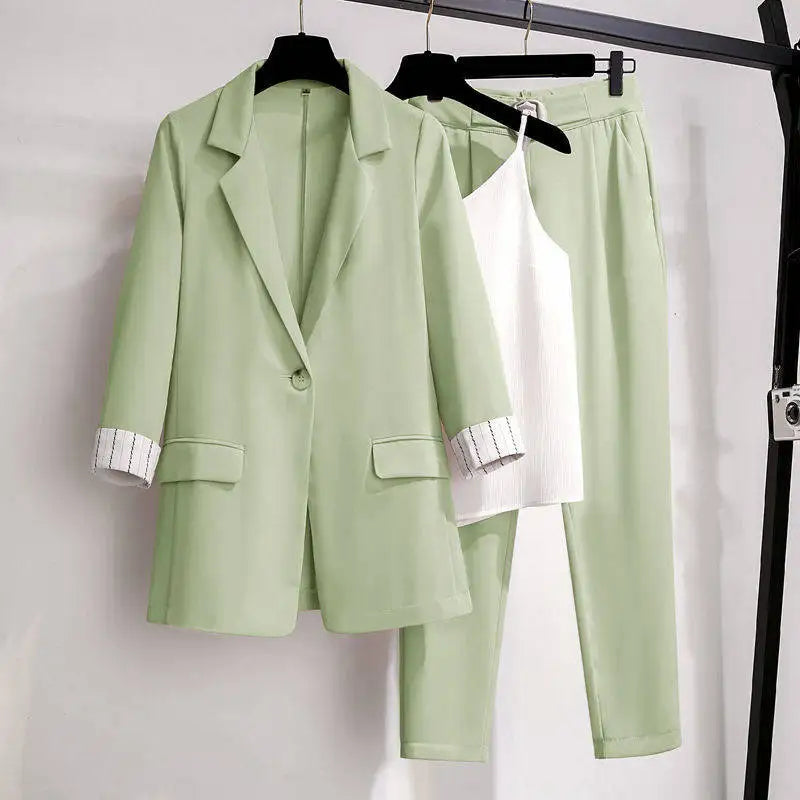 Conjunto dama chaqueta manga rayada + pantalon - Verde