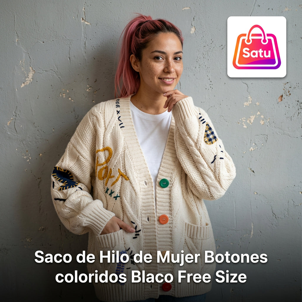 Saco de Hilo de Mujer  Botones coloridos Blaco Free Size