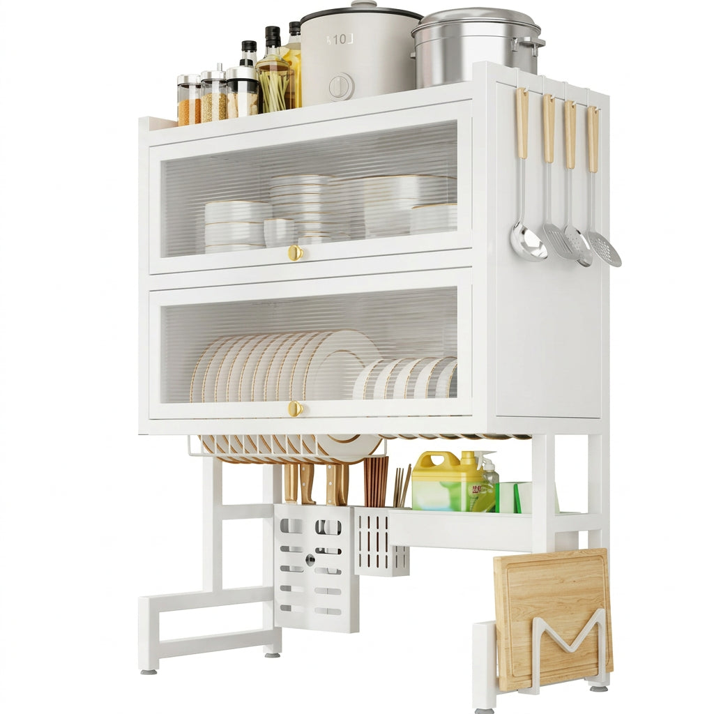 Secaplatos Organizador de Cocina con Porta Cubiertos para Fregadero. De Acero al Carbono Antipolvo, ideal para Platos, Bowls y Tablas de Picar.