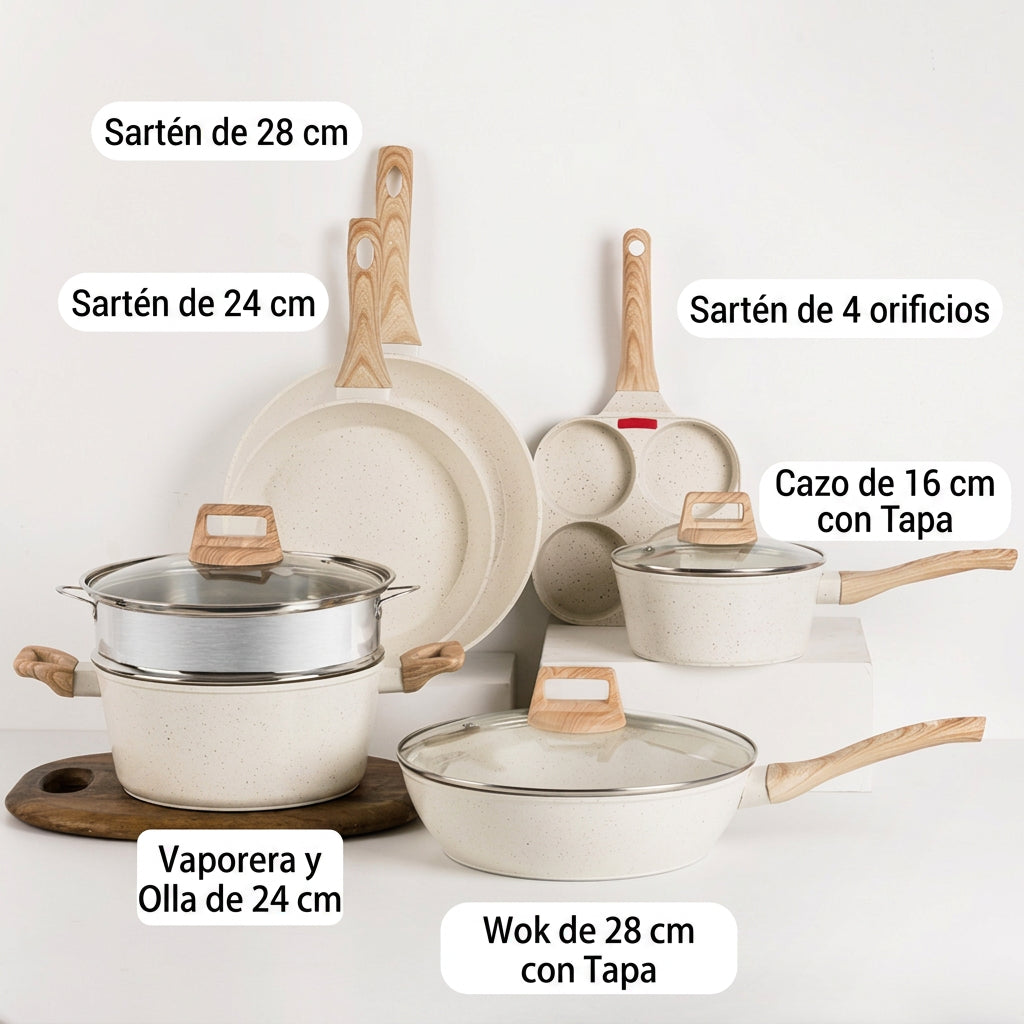 Set de Cocina 44 Piezas Antiadherente: Ollas, Sartenes, Utensilios, Repostería y Cuchillos. Apto Inducción.