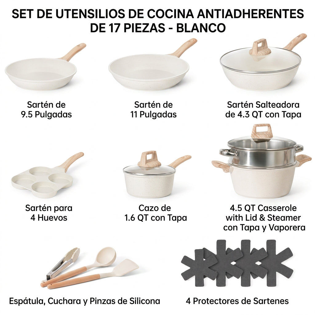 Set de Cocina 44 Piezas Antiadherente: Ollas, Sartenes, Utensilios, Repostería y Cuchillos. Apto Inducción.