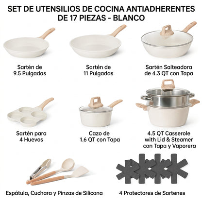 Set de Cocina 44 Piezas Antiadherente: Ollas, Sartenes, Utensilios, Repostería y Cuchillos. Apto Inducción.