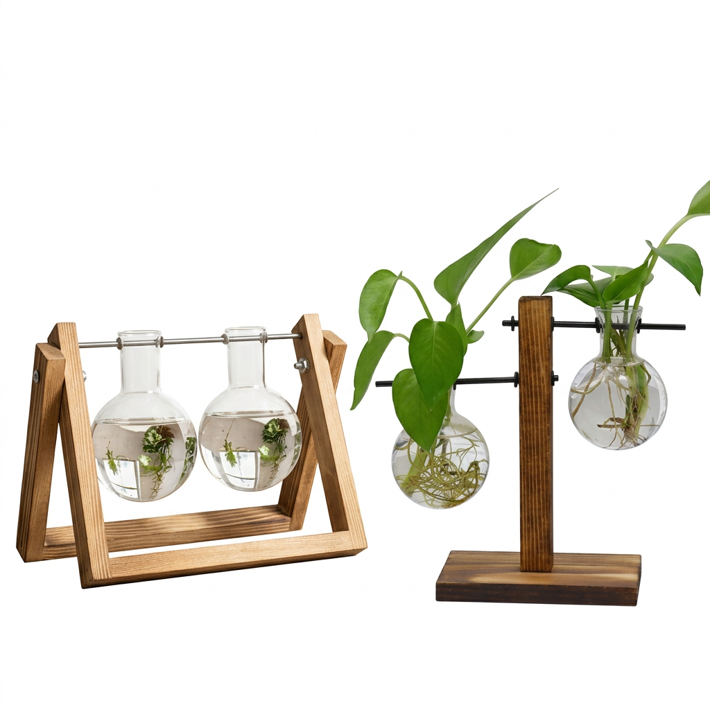 Combo Plantas Hidropónicas Florero Madera + Jarrón Vidrio