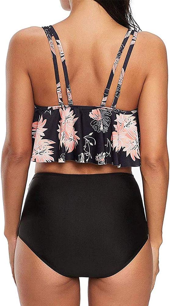Bikini TA liso negro top con volado flores