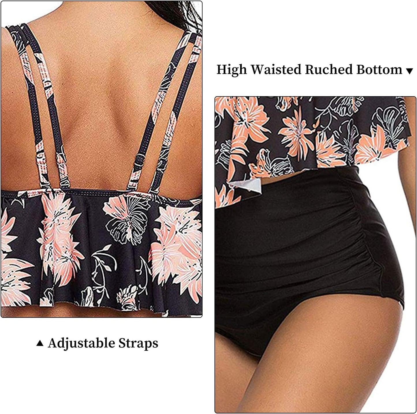 Bikini TA liso negro top con volado flores