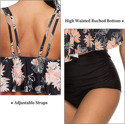 Bikini TA liso negro top con volado flores