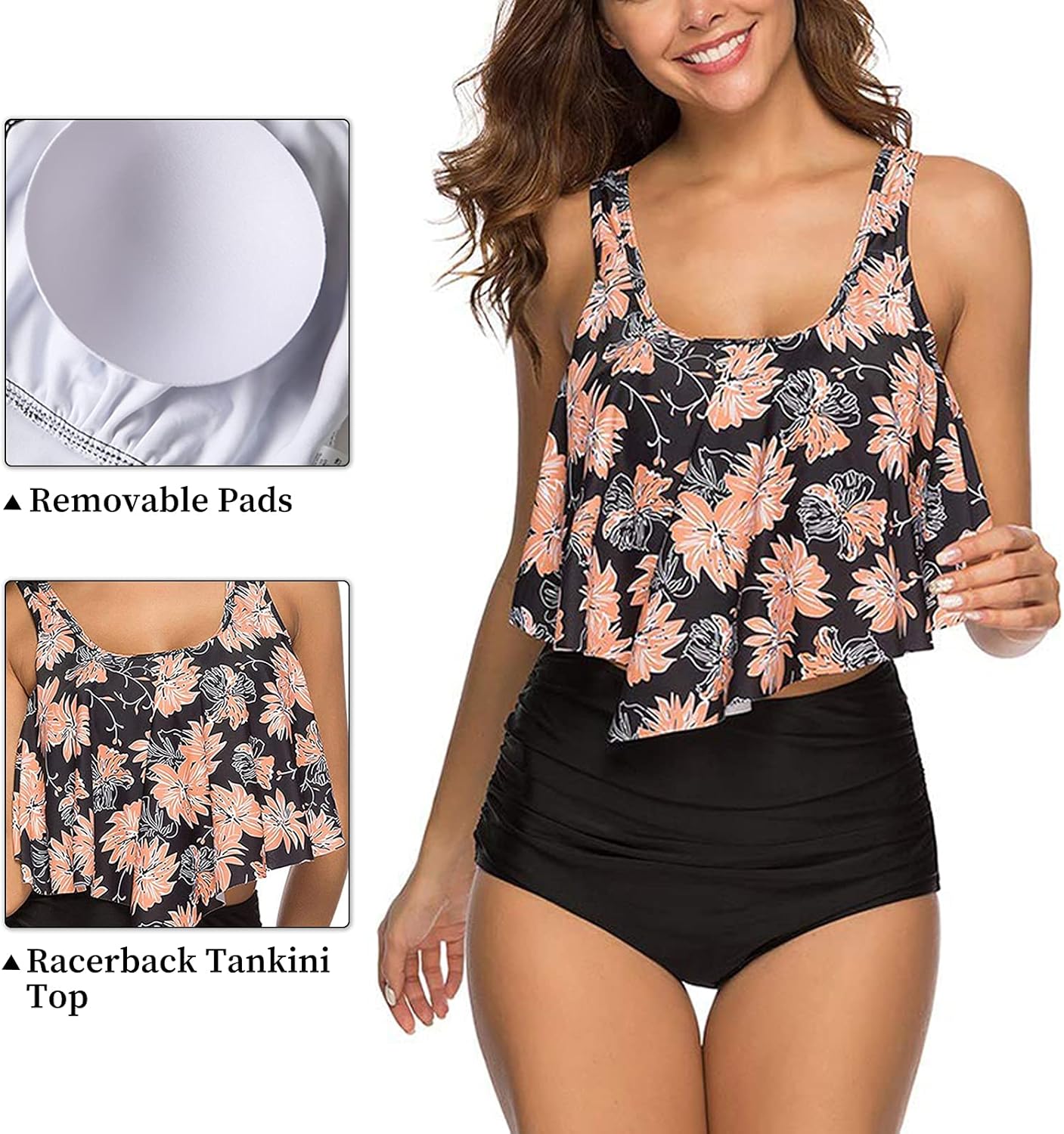 Bikini TA liso negro top con volado flores