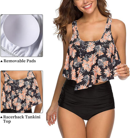 Bikini TA liso negro top con volado flores