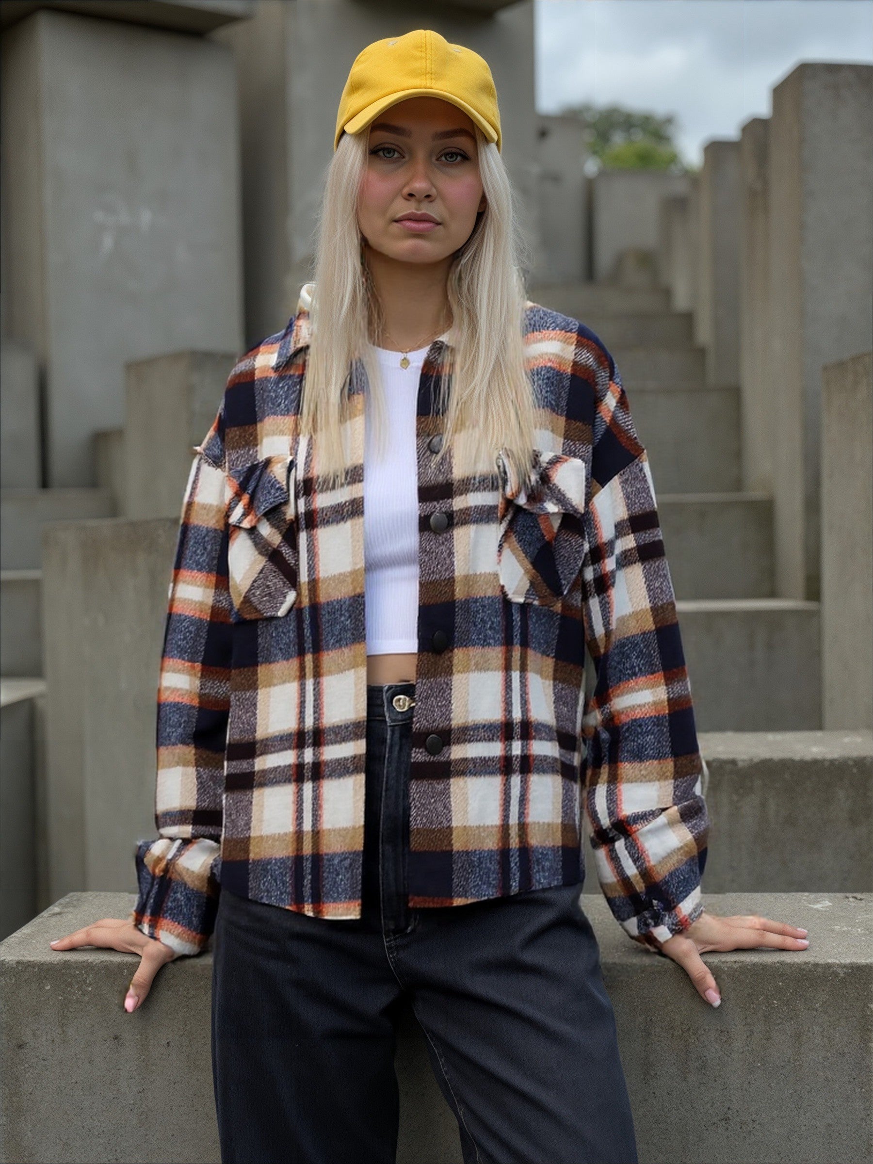 Camisa dama tartan over size boton metalico