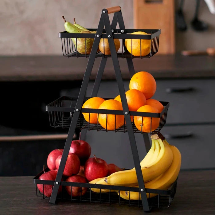 Cesto organizador de frutas multi-capas para cocina, de tres niveles con malla fina. Canasta de almacenamiento portátil y multifuncional para frutas, snacks y uso en el hogar.
