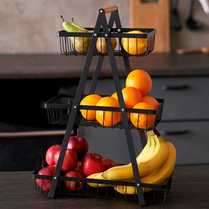 Cesto organizador de frutas multi-capas para cocina, de tres niveles con malla fina. Canasta de almacenamiento portátil y multifuncional para frutas, snacks y uso en el hogar.