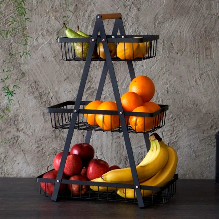 Cesto organizador de frutas multi-capas para cocina, de tres niveles con malla fina. Canasta de almacenamiento portátil y multifuncional para frutas, snacks y uso en el hogar.