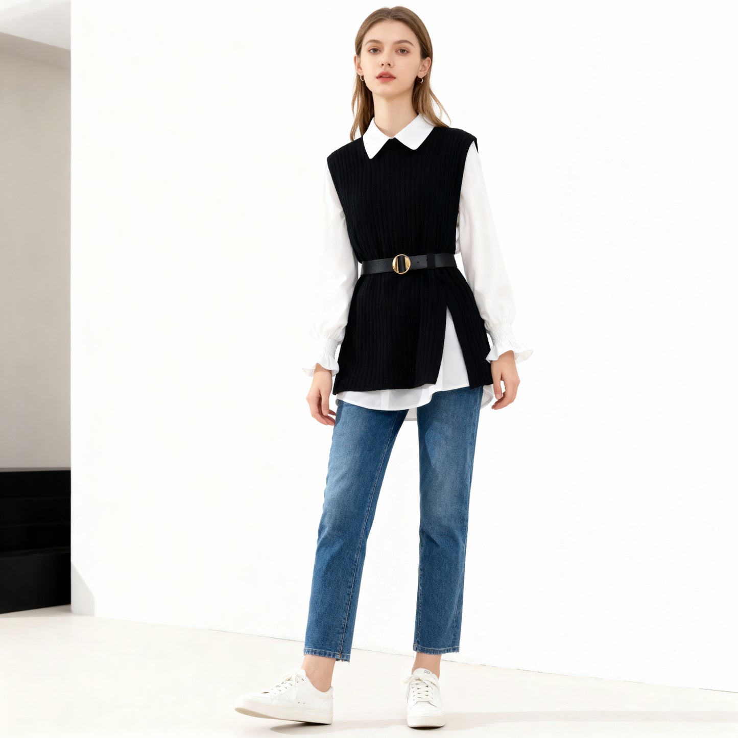 Conjunto dama chaleco con faja + camisa