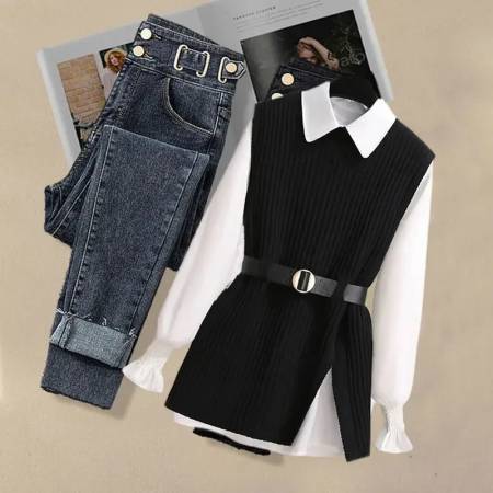 Conjunto dama chaleco con faja camisa y jean