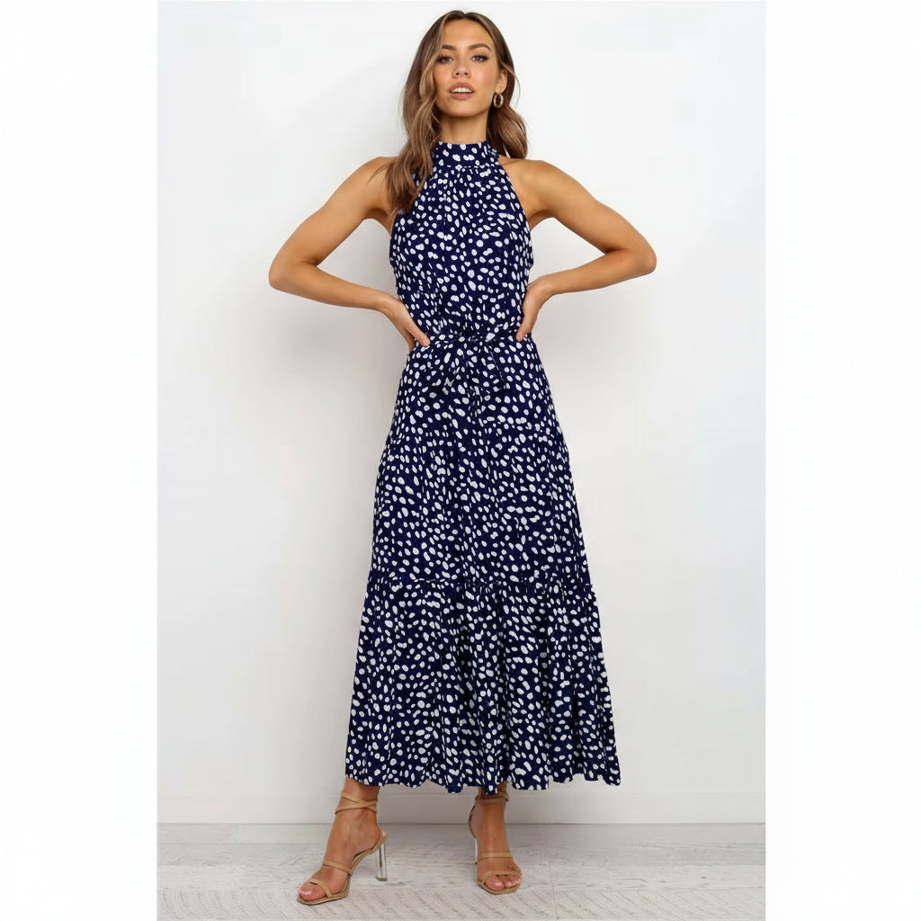 Maxivestido con volado y cuello halter lunares