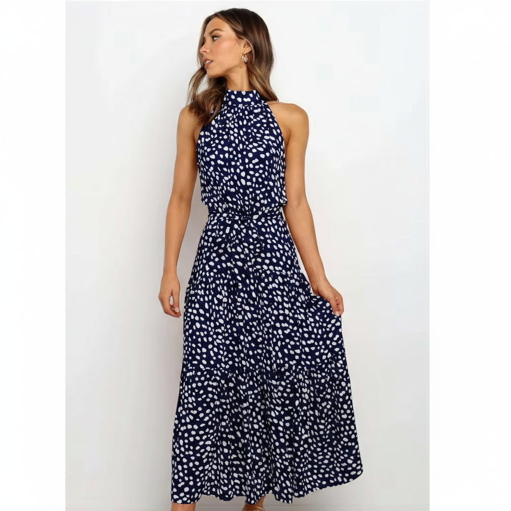 Maxivestido con volado y cuello halter lunares